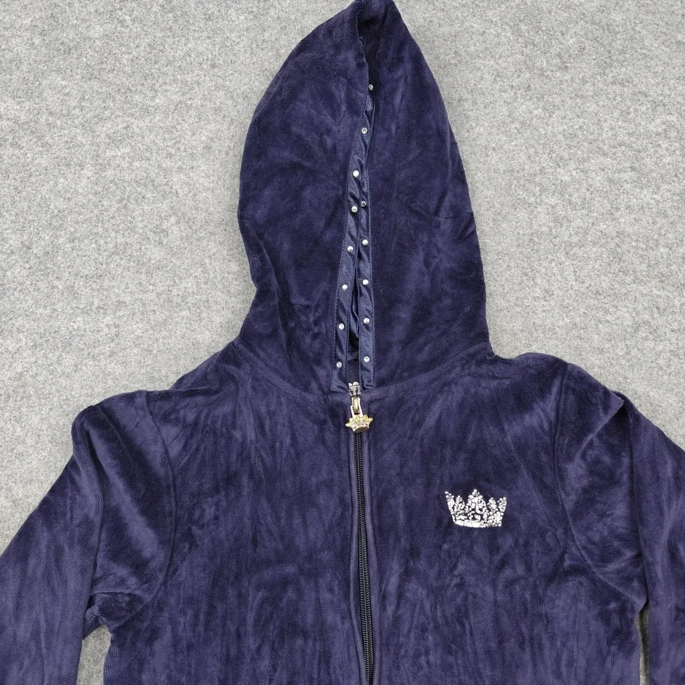 Arizona Jean Company Hoodie Girls 10/12 Blue Velour Full Zip Rhinestone Crown